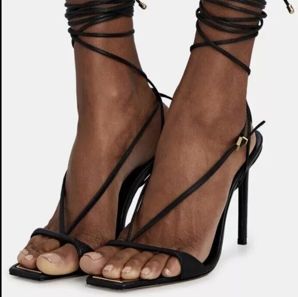 NWOT $128 SCHUTZ "Vikki" black leather lace up strappy sandals heels sz 6.5